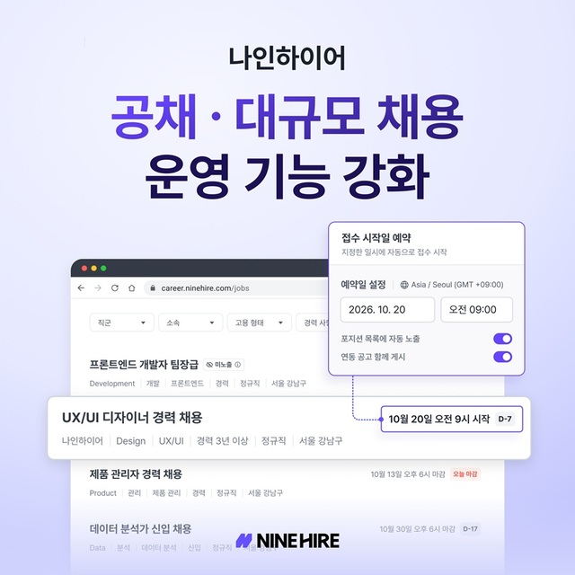 "포지션별 접수 일정 예약"...나인하이어, 대규모 채용 운영 기능 강화 - 뉴스 썸네일 이미지